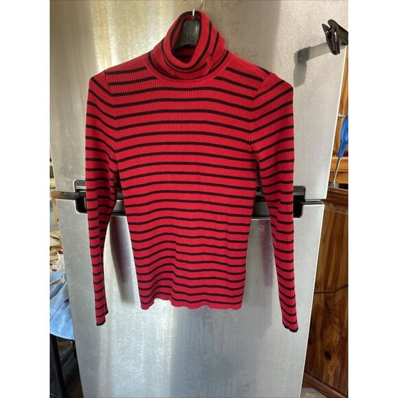 RALPH LAUREN RED/BLACK STRIPED RIBBED‎ TURTLENECK SWEATER, SIZE M - Picture 1 of 14